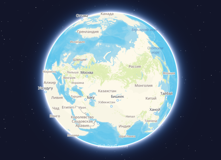 Вид карты в режиме глобуса