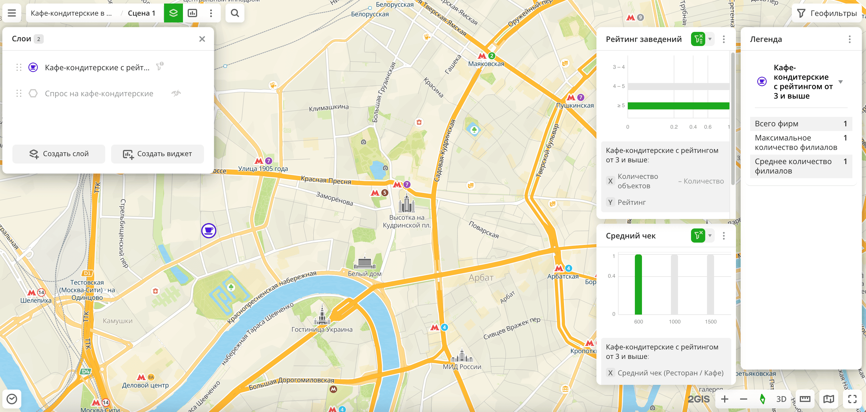 Применён фильтр по диапазонам из двух виджетов