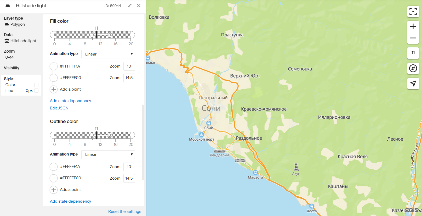 Example of light hillshade settings