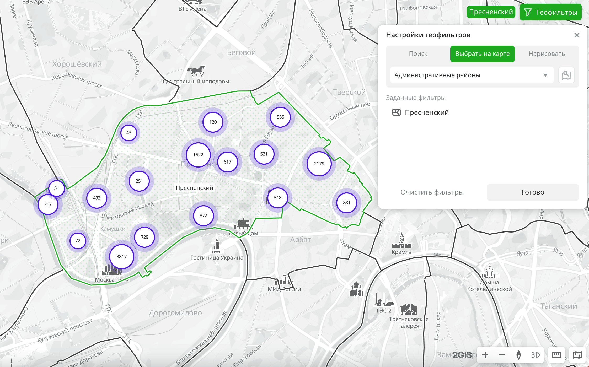 Выбор стандартных территорий на карте